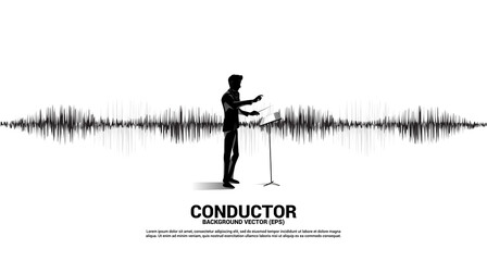 Vector silhouette of conductor with Sound wave Music Equalizer background. Concept background for classic music concert and recreation. - obrazy, fototapety, plakaty