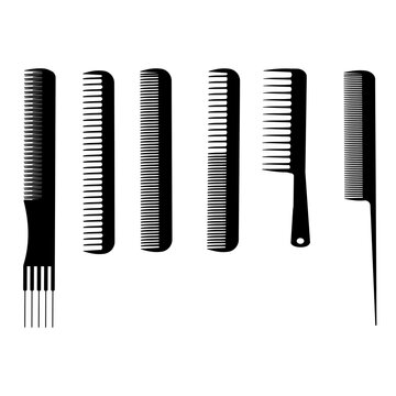 Set of silhouettes of hairdressing combs, tools for combing hair, styling and haircut help, combs with different lengths of thickness and distance of teeth