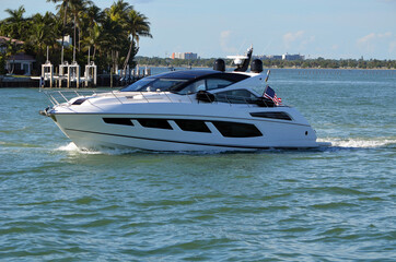 Yacht cruising past Rivo Alto island ,Miami Beach,Florida