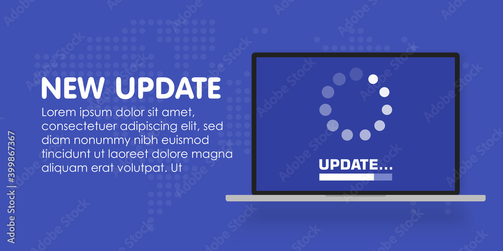 Poster system software update and upgrade concept. loading process in laptop screen. vector illustration