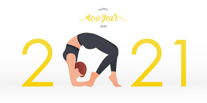 Happy New Year 2021 Banner With Yoga Poses Or Asana Posture. Year Of Good Health. Banner Design Template For New Year 2021 Decoration In Yoga Concept. Vector.