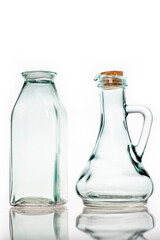 Glass bottles for storing cooking oil. Container used in the home kitchen.