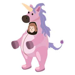 Actor in animal Unicorn costume. Theme party, Birthday kid, children animator, entertainer wearing performer character for holiday masquerade, carnival. Vector cartoon