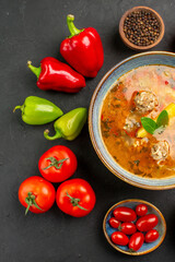 top view delicious meat soup with fresh vegetables on a dark background dish photo food