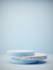 Minimal stage mock up. Bright blue cylinder base. Pedestal for display. Empty product stand. Squares pattern on background stand. 3d render illustration