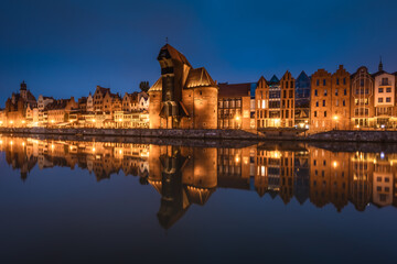The old town of Gdańsk during the blue hour. A warm summer evening in the old Hanseatic city.