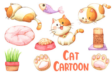 Fototapeta premium Illustration watercolor paint of Cute Orange cat cartoon and cute element. Drawing by watercolor. Hand drawn illustration. Isolated on white background.