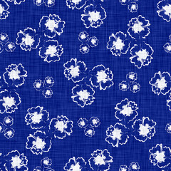Indigo blue floral motif on linen texture background. Hand drawn dye batik bloom bouquet seamless pattern. Modern rustic coastal wedding flower textile backdrop. Summer nautical ditsy home decor. 
