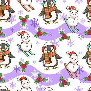 Seamless pattern of penguin, snowman christmas and Snowflake cartoon. Winter season. Cute character cartoon. Vector illustration. Wallpaper, Web page background, Card and banner design.