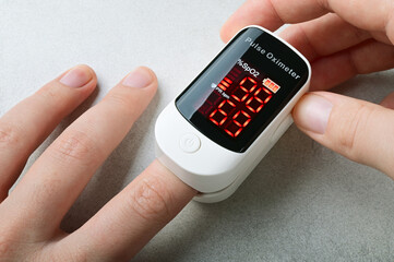 Finger pulse oximeter, medical device used to measure blood oxygen saturation and heart rate. Useful tool for monitoring SARS-CoV-2 infection.