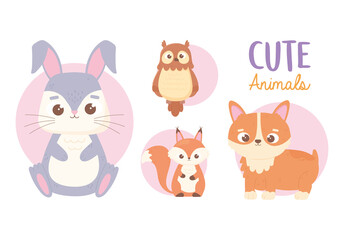 cute animals little rabbit dog owl and squirrel cartoon icons