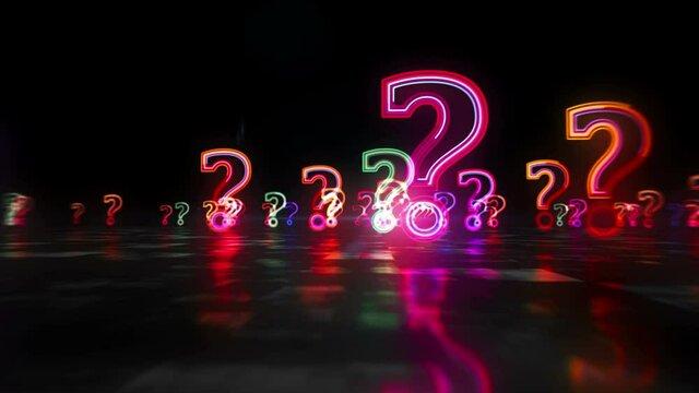 Question mark, query symbol, knowledge, education, search and quiz light icon loop concept. Flight between signs. Futuristic space abstract 3d rendering loopable seamless animation.