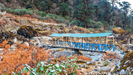 The wooden bridge in Khare on the trekking route to Mera Peak.