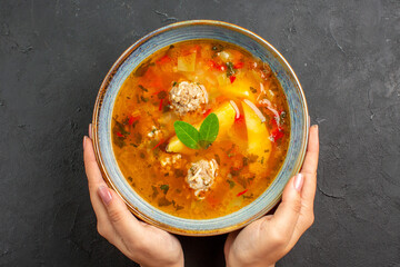 top view tasty vegetable soup with meat and potatoes on dark background dish plate meal