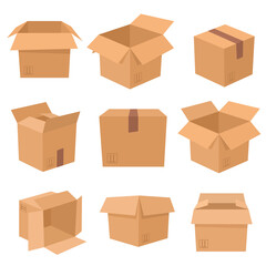 Set of cardboard boxes isolated on white background. Vector illustration.