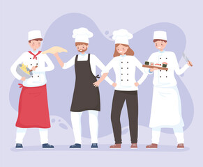 chefs characters men and women workers in apron and hats