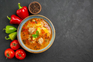top view tasty meat soup with fresh vegetables on dark background photo dish food color