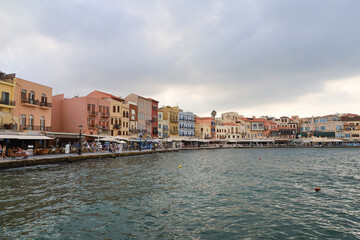 Colorful pier of the port of Chania, in Crete, Greece