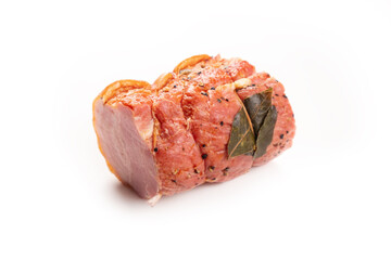 boiled pork with spices on white background