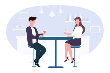Couple at the table talking and drinking cocktails at the bar. Man and woman spending friday leisure time together. Concept of romantic date at the bar. Flat cartoon vector illustration