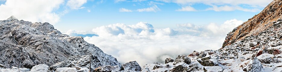 The Himalayan mountain landscape on the trekking route from Panch Pokhari to Khotey in Nepal.