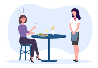 Dissatisfied female restaurant visitor screams at waiter. Woman sitting at served dinner table with dish. Concept of conflict in restaurant and dissatisfied client. Flat cartoon vector illustration