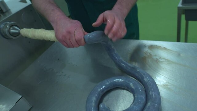 Sausage making machine pushes meat mixture into casing as worker forms a spiral