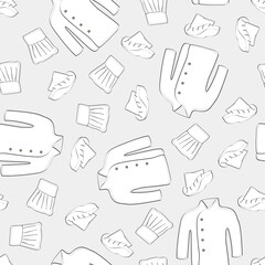 Vector Chef Coat and Hats in White on Gray Background Seamless Repeat Pattern. Background for textiles, cards, manufacturing, wallpapers, print, gift wrap and scrapbooking.