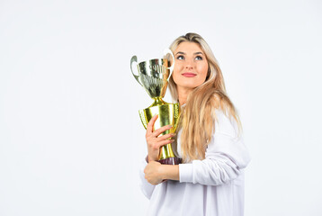 Competition winner. Happy woman showing her trophy. Sport success. Champion cup symbol of success. Successful sport career. Success concept. Just love to be best one. Congratulations concept