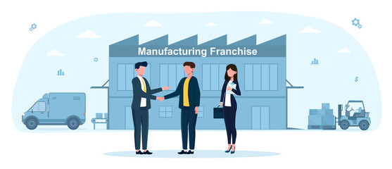 Man and woman offer franchising. Concept of various company or people wants to buy business. Men shaking hands over investments in manufacturing franchise. Flat cartoon vector illustration