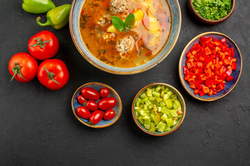 top view tasty meat soup with fresh vegetables on a dark background food photo color dish