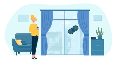 Robot cleaner helps woman to clean windows. Concept of smart appliances and vacuum cleaners that make life easier. Flat cartoon vector illustration