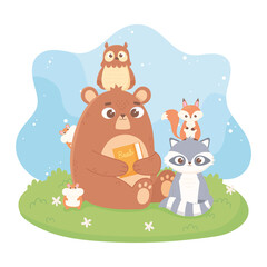 Obraz na płótnie Canvas cute animals bear owl raccoon hamster squirrel cartoon