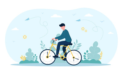 Young man rides time bike with nature on the background. Concept of abstract bicycle with clock on wheels. Flat cartoon vector illustration