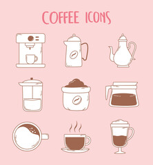 coffee machine espresso cup french press teapot and cup icons in brown line