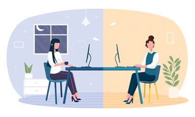 Cozy workspace for team work. Two female characters sitting at table and work in team. Concept of importance of workspace for productive teamwork together with co-worker. Flat vector illustration
