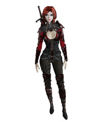 A 3D fantasy illustration of a sexy warrior woman with a red armor and a sword, isolated on a white background. 