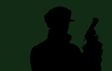 silhouette of a man in jacket and hat armed with gun on green background,vector illustration