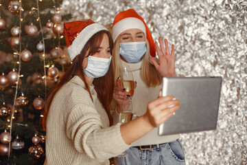 Christmas online. Celebration X-mas new year in lockdown coronavirus quarantine. Party online.