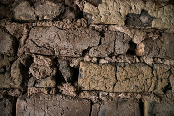 Old Mud and Straw Wall Detail Making Brown and Black Old Texture Background