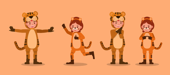Boy and girl wearing tiger costumes character vector design. Presentation in various action with emotions. no6