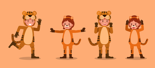 Boy and girl wearing tiger costumes character vector design. Presentation in various action with emotions. no8