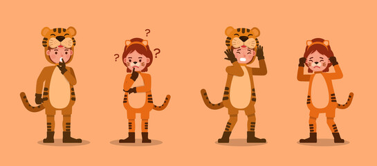 Boy and girl wearing tiger costumes character vector design. Presentation in various action with emotions. no11