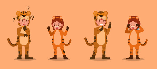 Boy and girl wearing tiger costumes character vector design. Presentation in various action with emotions. no13