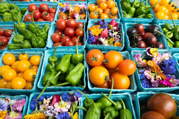 Colorful fresh vegetables and edible flowers in rows in small green cartons at the farmers market 