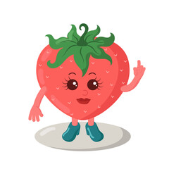 Cute smiling strawberry with high heels holding index finger up. Colorful kawaii fruit emoticon. Isolated vector illustration.	