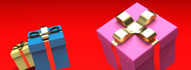 Fototapeta na wymiar Colorful closed gift boxes with gold ribbon on red background. 3D illustration. 3D CG. 3D high quality rendering.