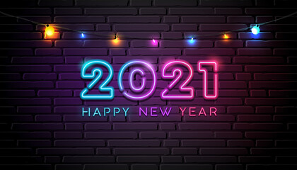 Fototapeta na wymiar 2021 neon light number happy new year colorful bulb light at night banner design on block wall black background, Eps 10 vector illustration
