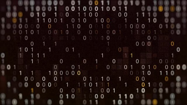 Abstract digital background of programming binary code, seamless loop. Animation. Colorful zero and one digits in wave motion on a monitor.