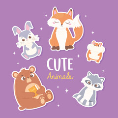 cute rabbit fox bear hamster and raccoon cartoon animals stickers